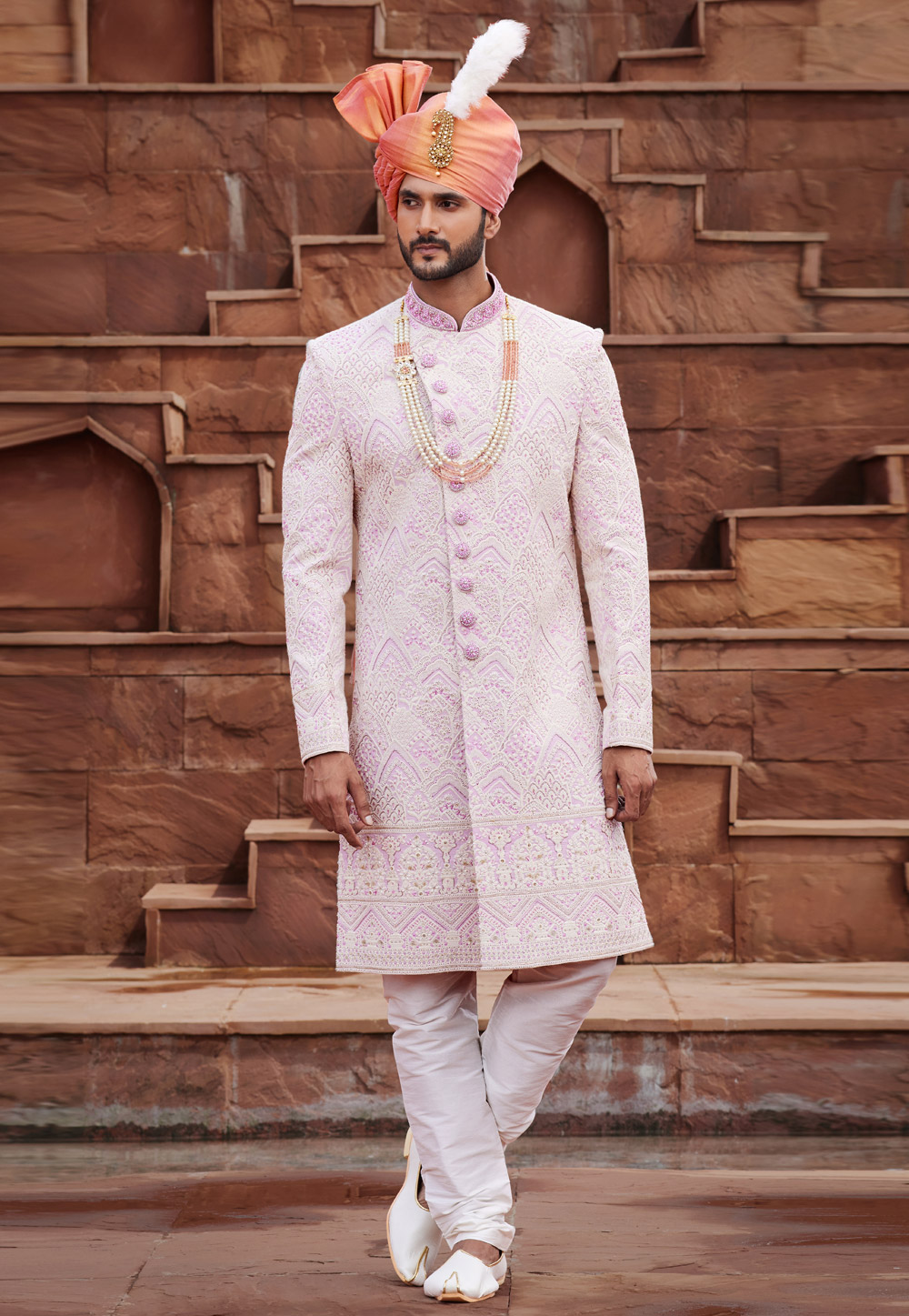 Pink Georgette Achkan Style Sherwani With Stole 280131