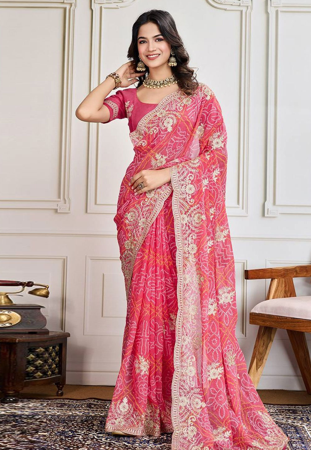 Pink Georgette Bandhani Print Saree 306163