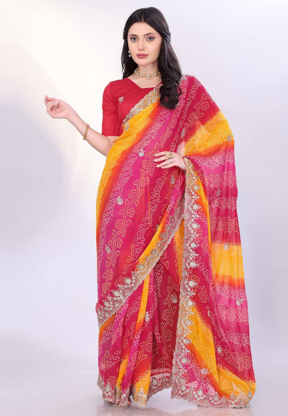 Pink Georgette Bandhani Print Saree 304980