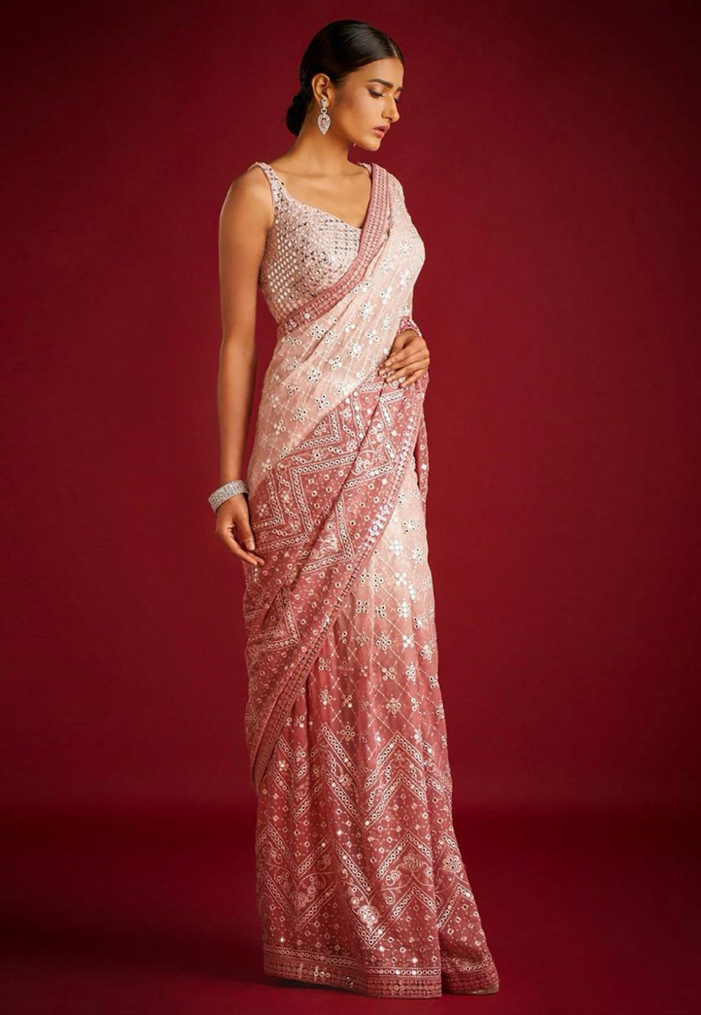 Pink Georgette Half N Half Saree 287299