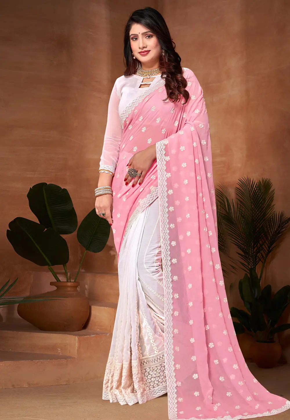 Pink Georgette Half N Half Saree 296752