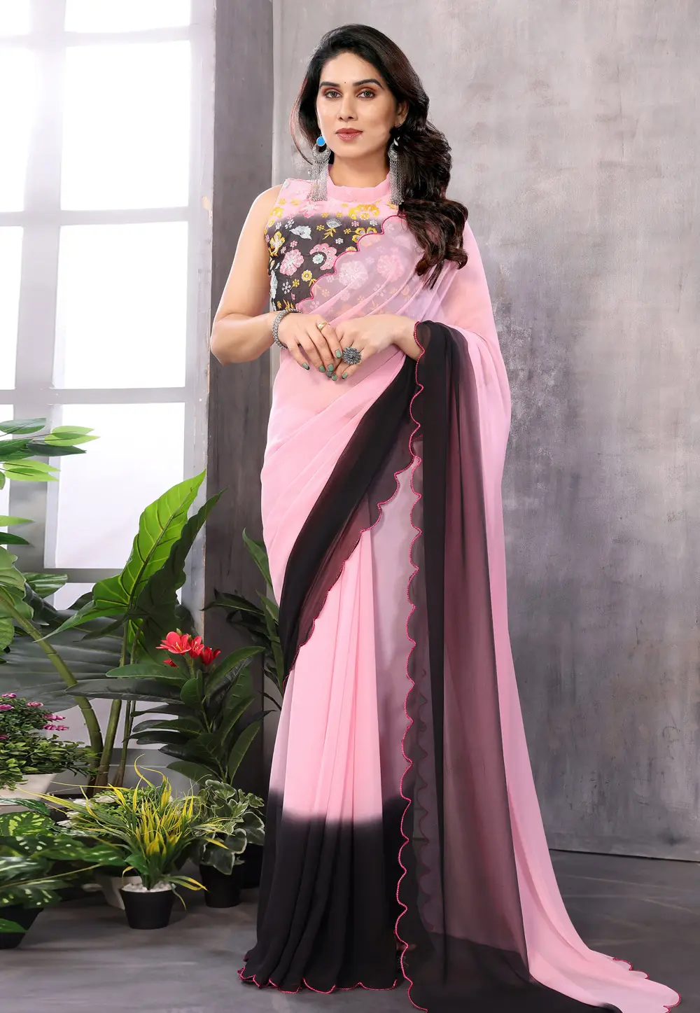 Pink Georgette Half N Half Saree 297220