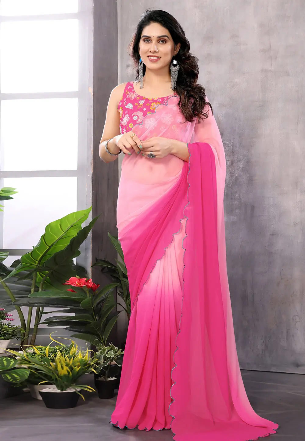 Pink Georgette Half N Half Saree 297224