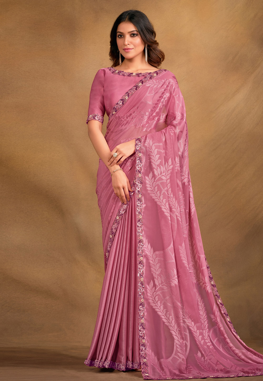 Pink Georgette Jacquard Saree With Blouse 287048