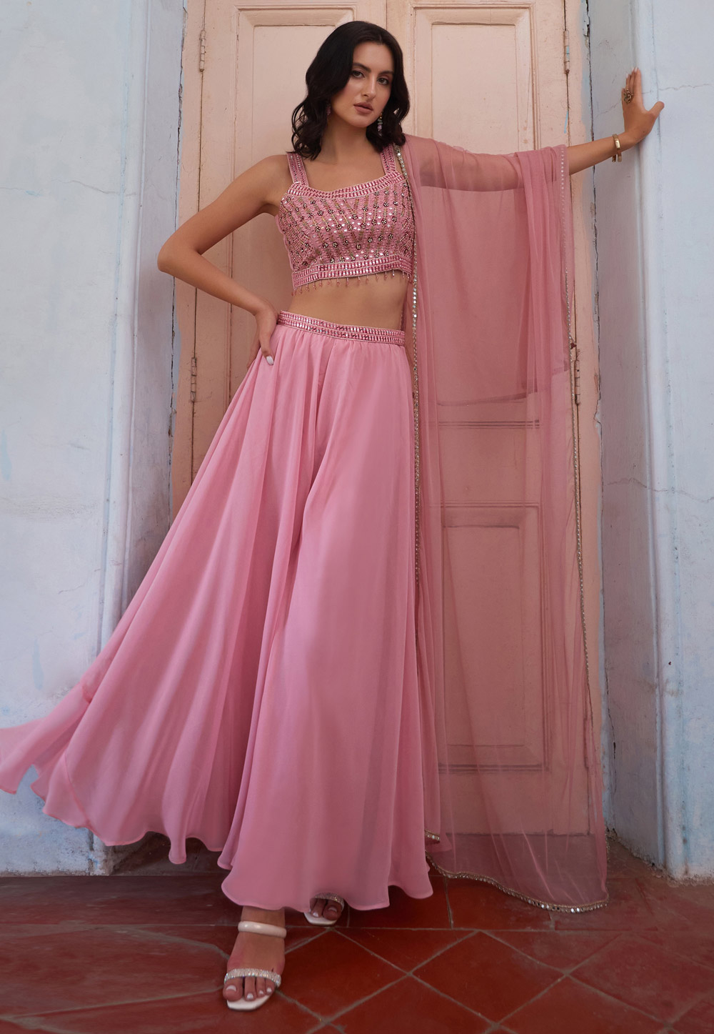 Pink Georgette Palazzo With Crop Top 286530