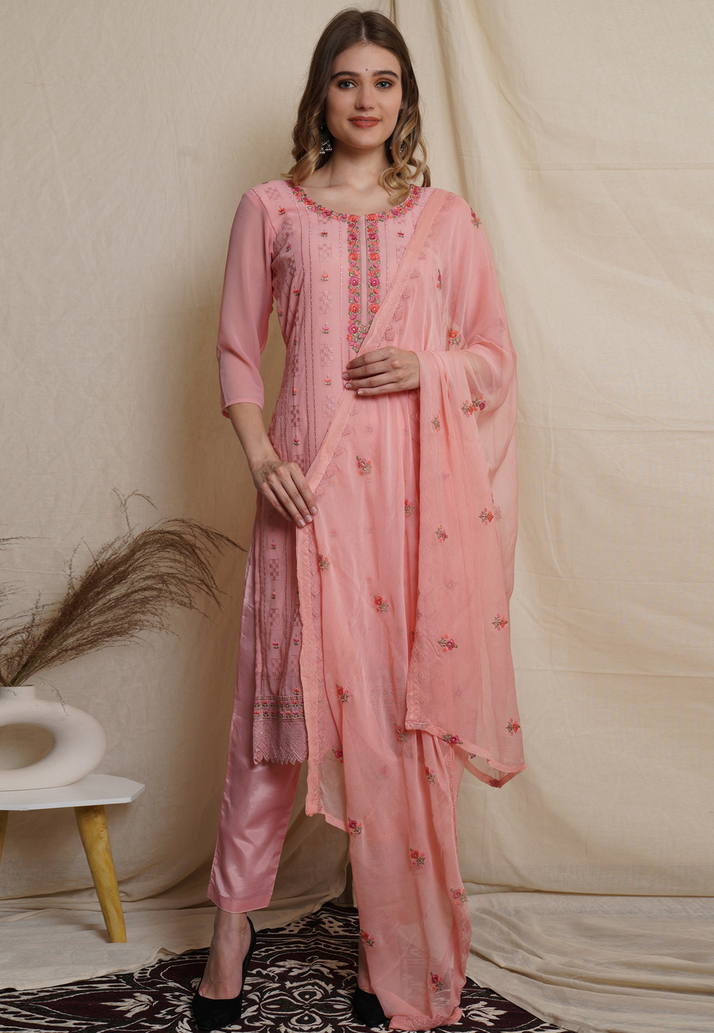 Pink Georgette Pant Style Suit 310425