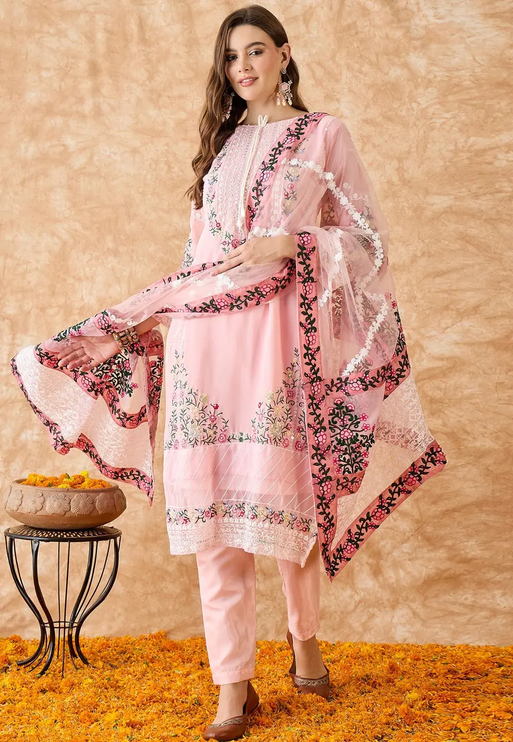 Pink Georgette Pant Style Suit 301602