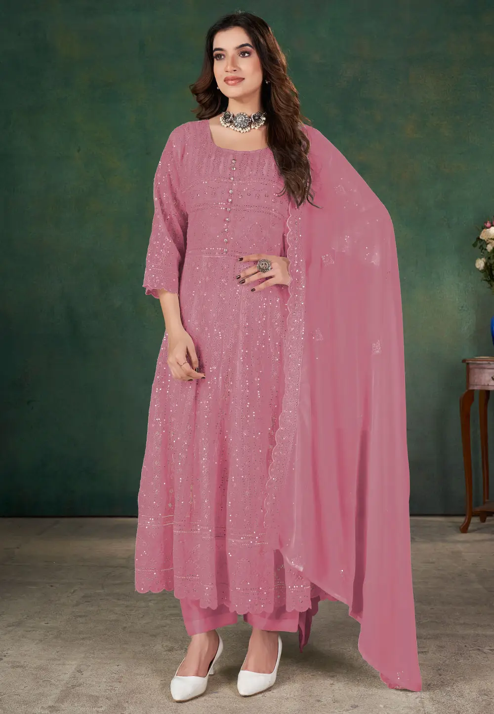 Pink Georgette Pant Style Suit 295224