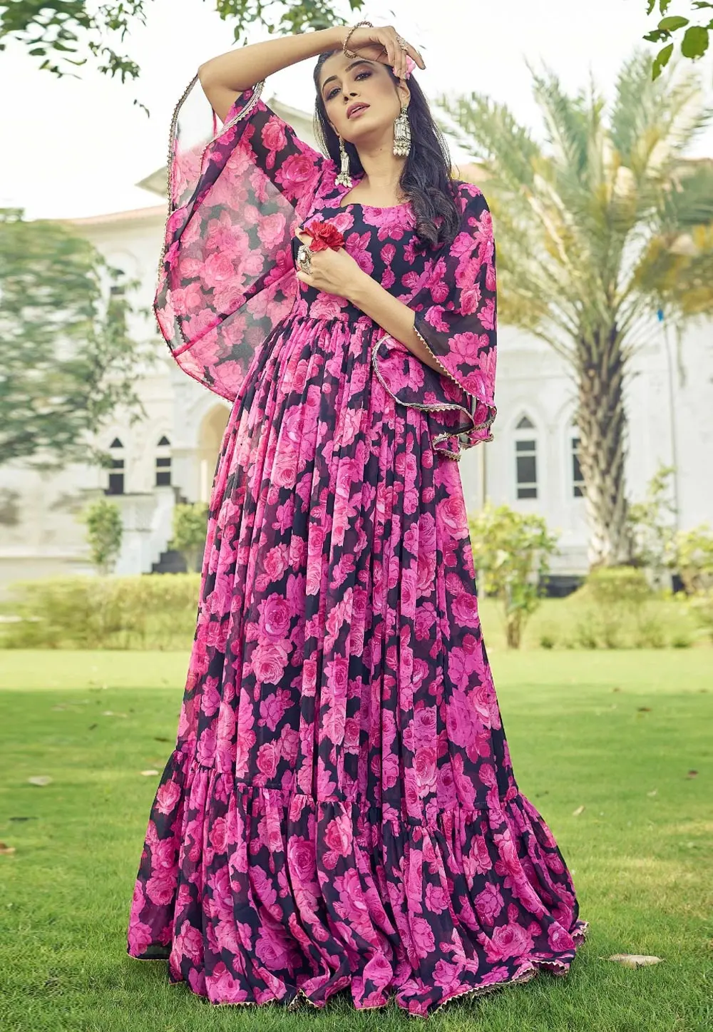 Pink Georgette Printed Gown 303978