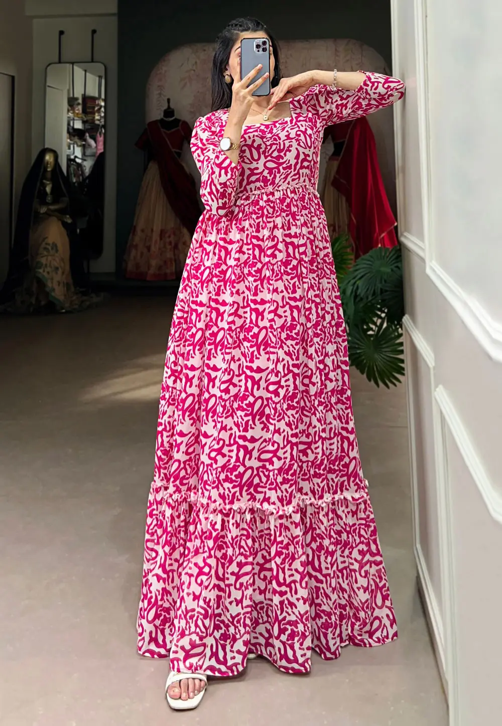 Pink Georgette Printed Gown 300847