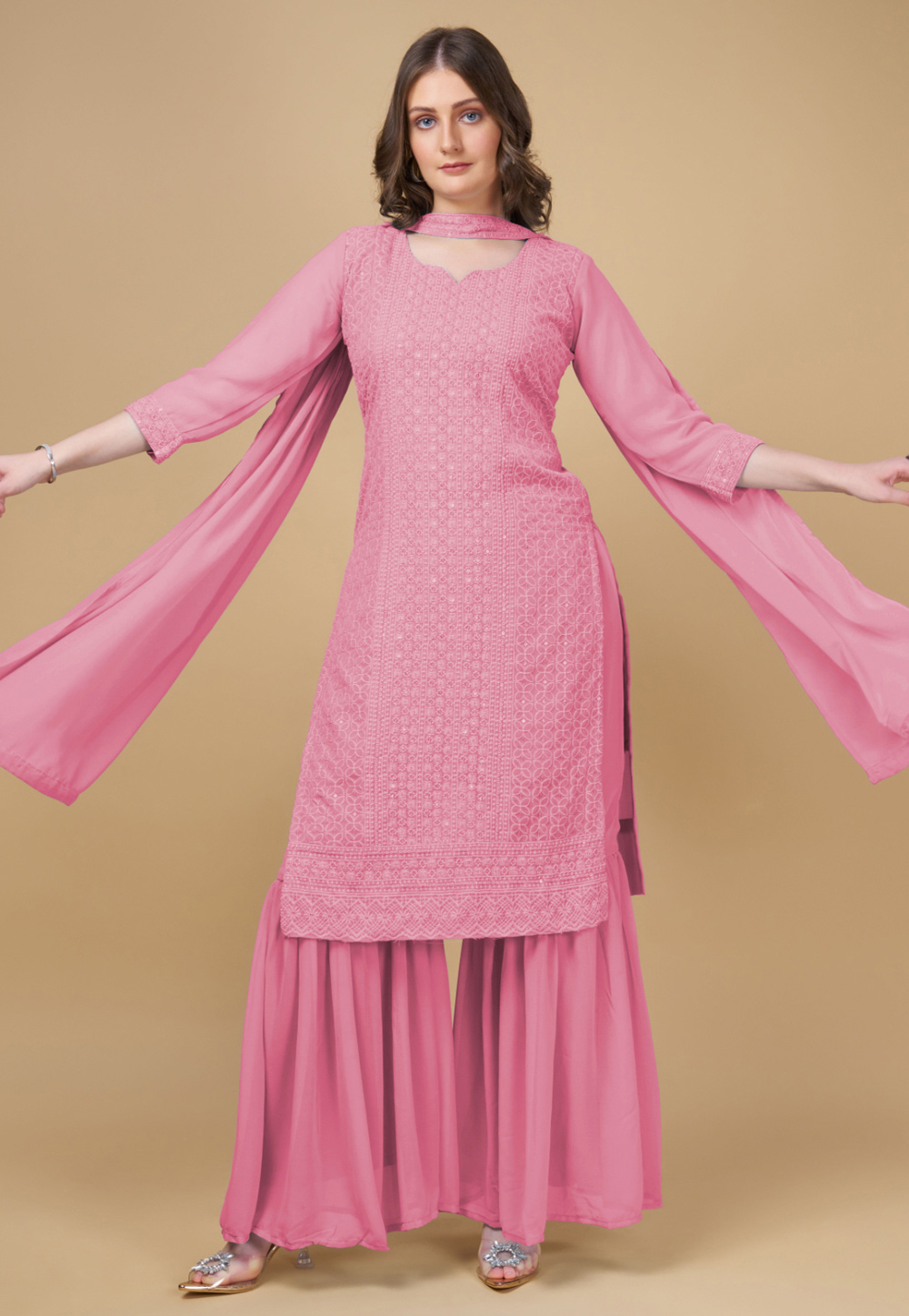 Pink Georgette Readymade Gharara Suit 282384