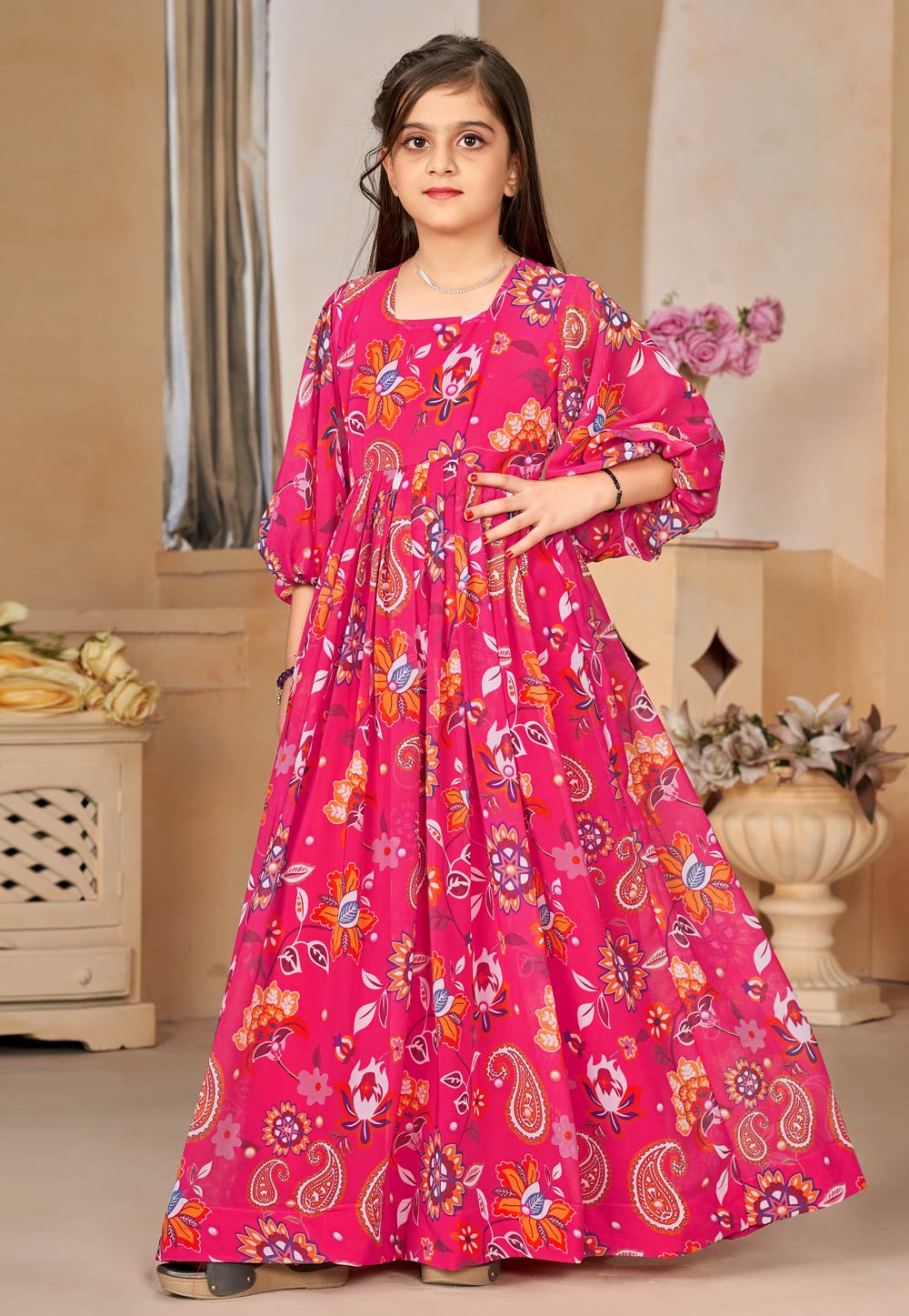 Pink Georgette Readymade Kids Gown 283869