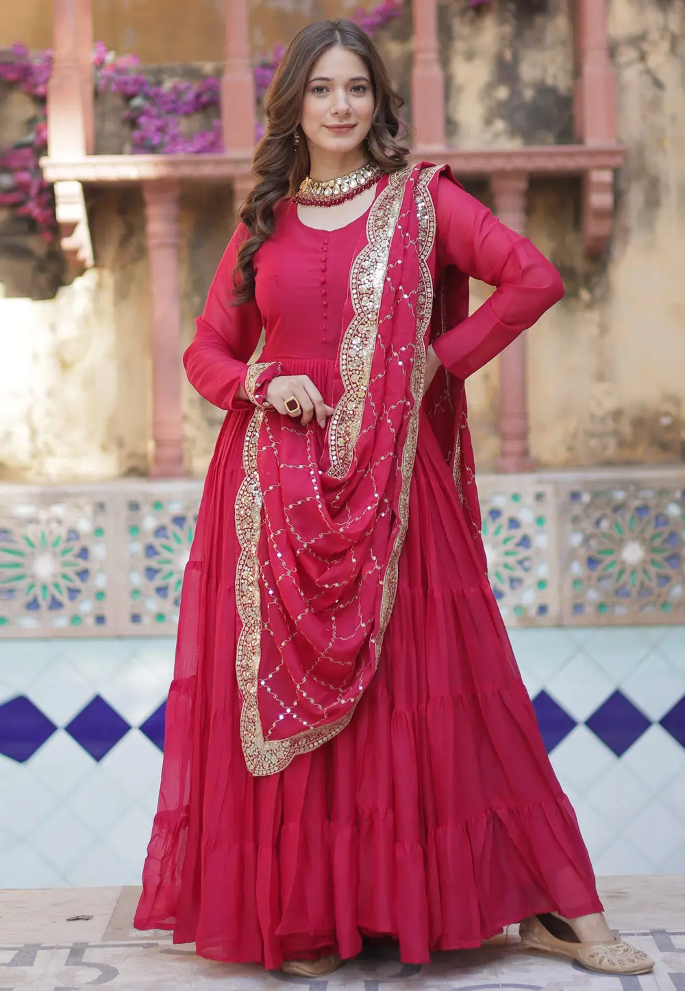 Pink Georgette Readymade Long Anarkali Suit 303522