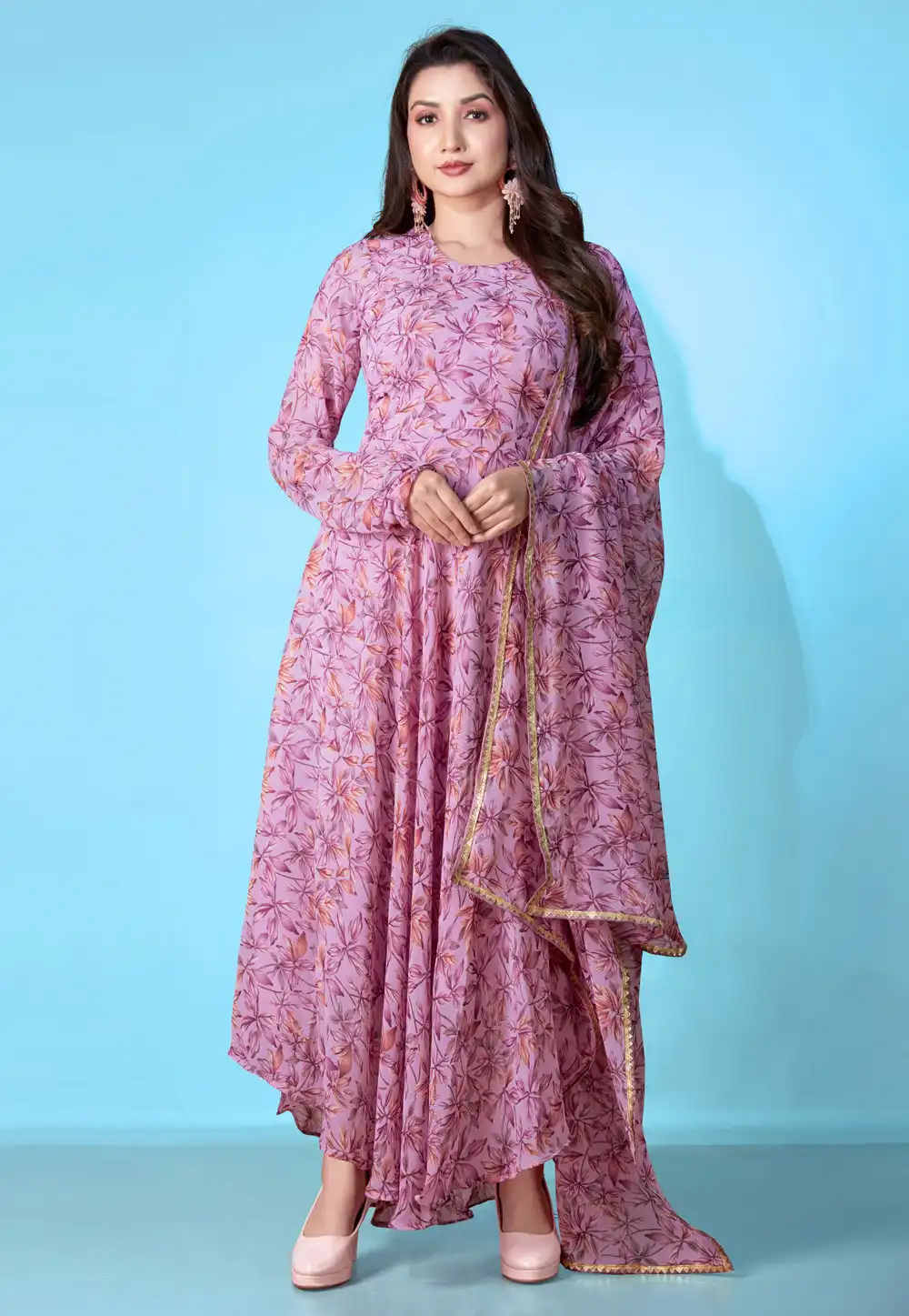 Pink Georgette Readymade Long Anarkali Suit 294675