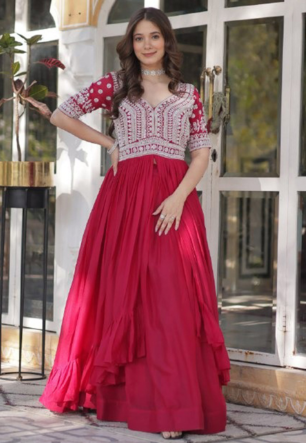Pink Georgette Readymade Long Choli Lehenga 309062