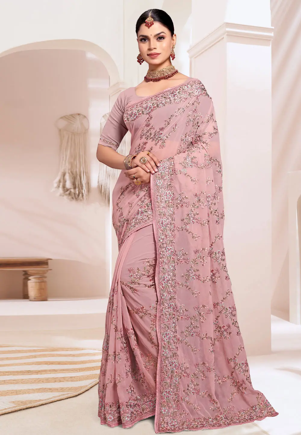 Pink Georgette Saree With Blouse 296432