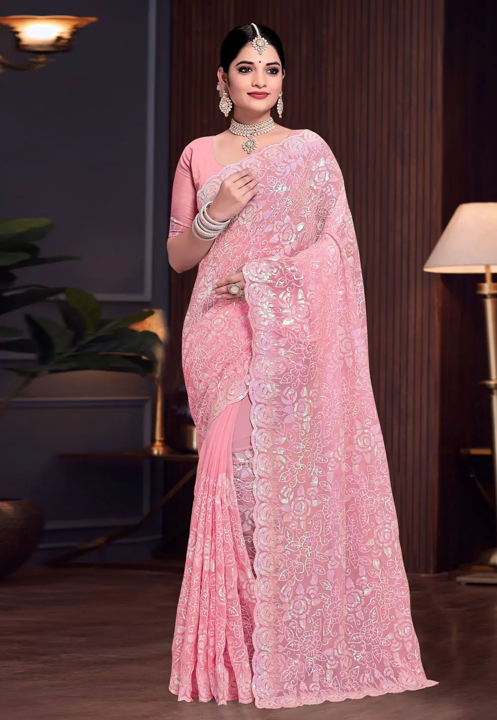 Pink Georgette Saree With Blouse 303638