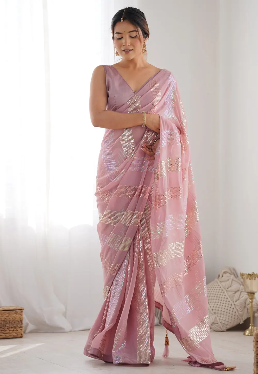 Pink Georgette Sequence Saree 301219