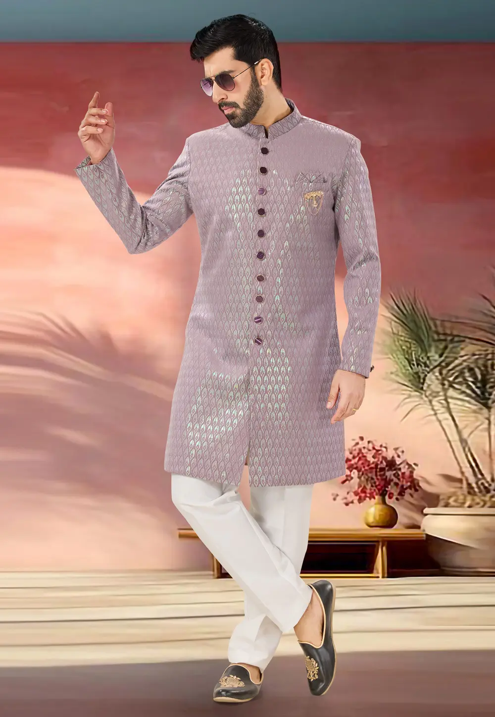 Pink Jacquard Indo Western Sherwani 301877