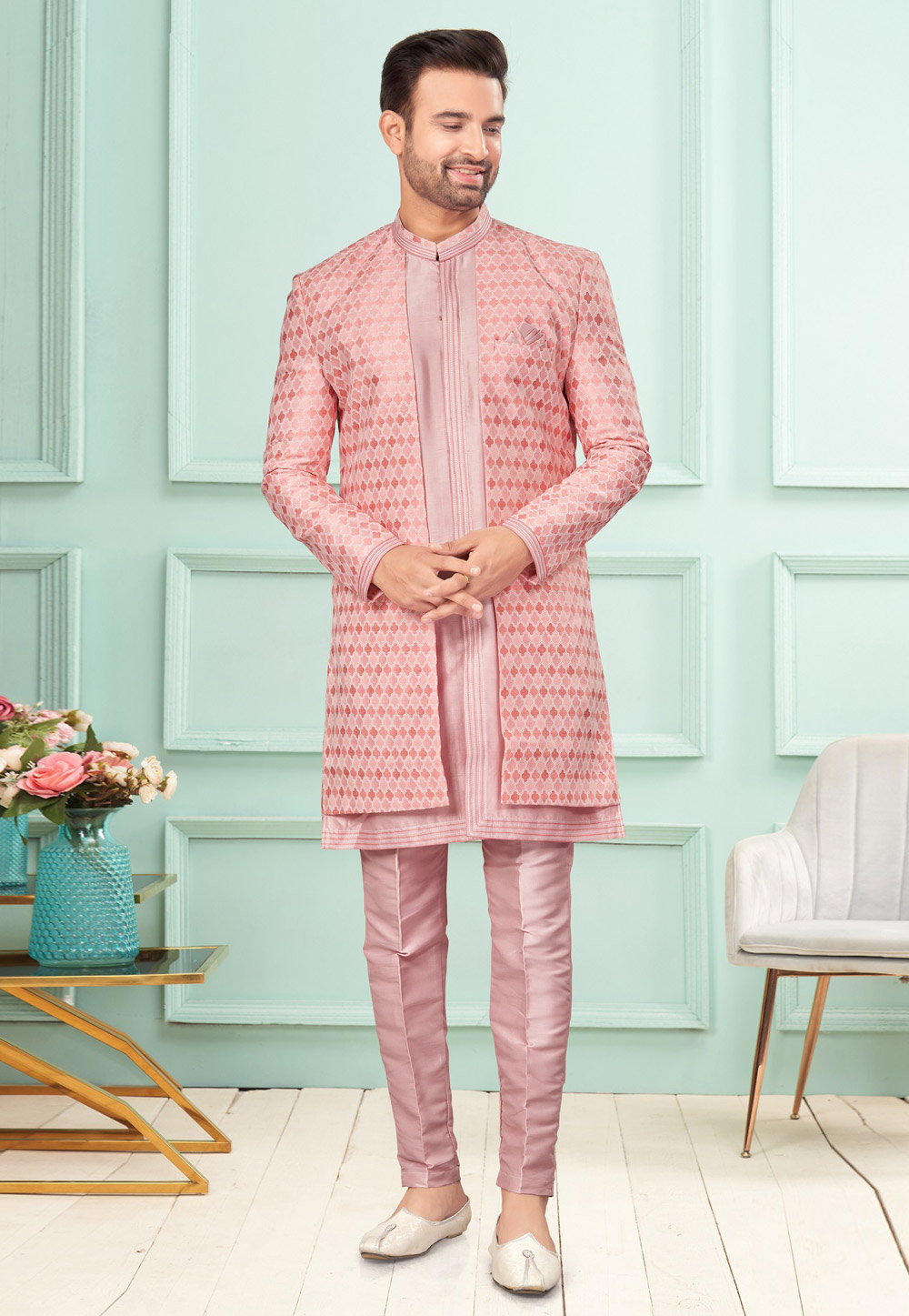Pink Jacquard Indo Western Suit 283917