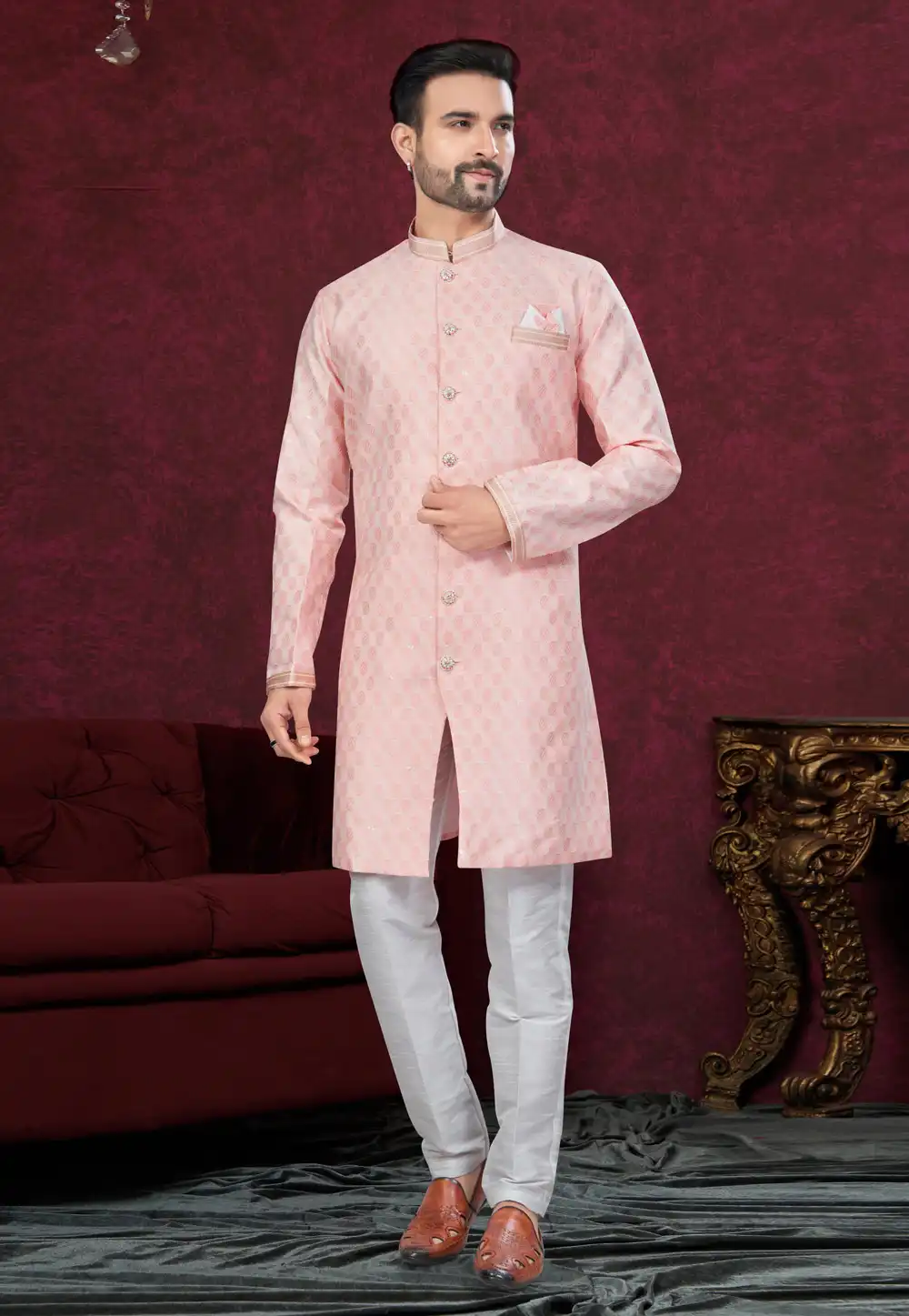 Pink Jacquard Indo Western Suit 294553