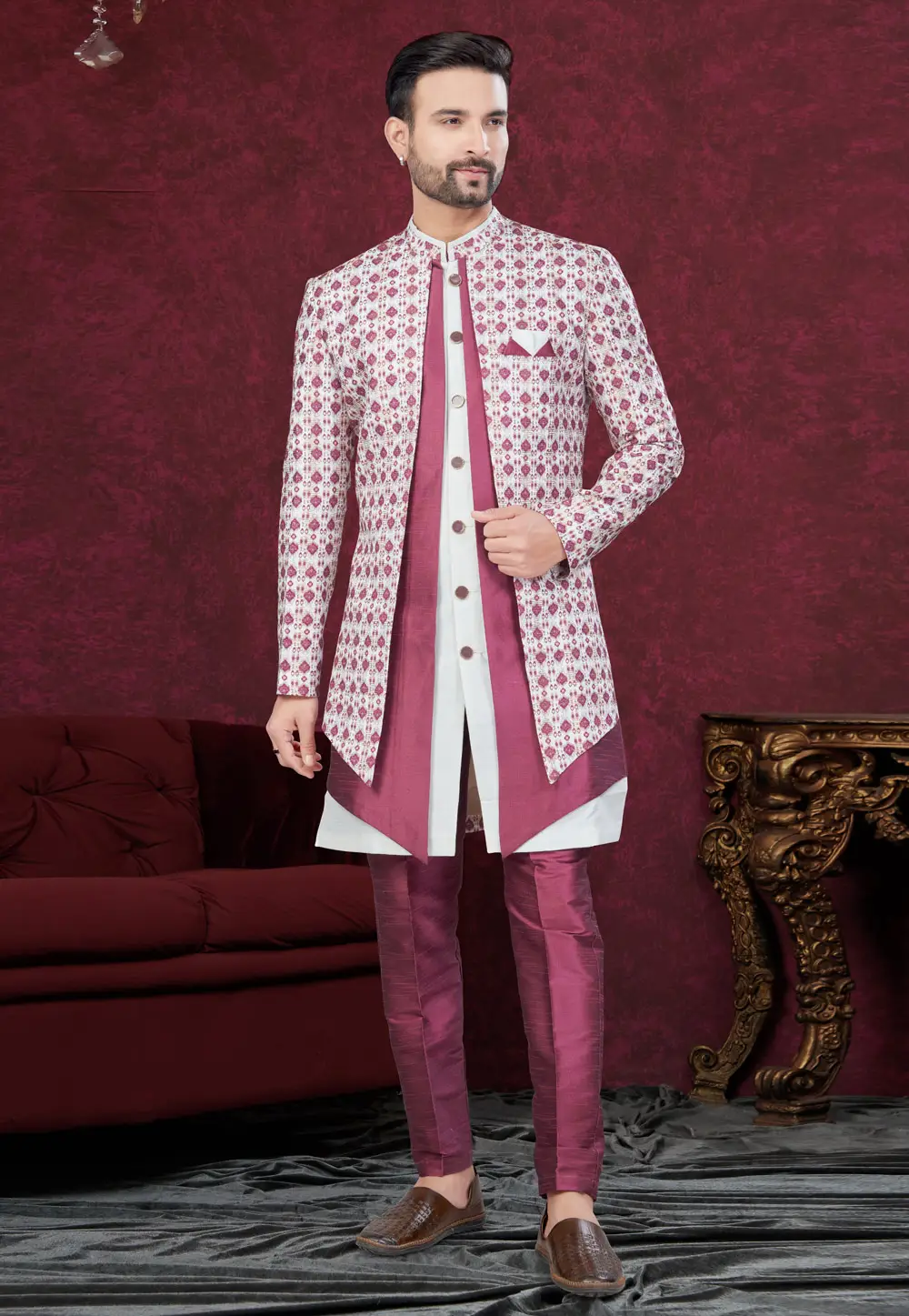 Pink Jacquard Indo Western Suit 295635