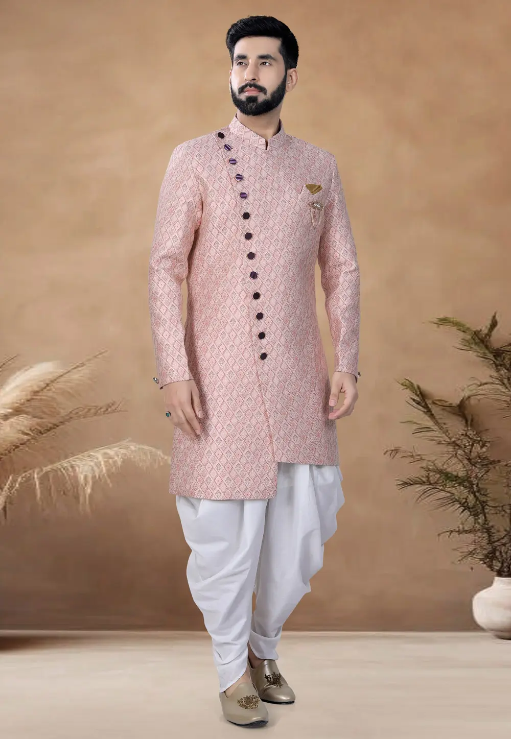 Pink Jacquard Indo Western Suit 298574