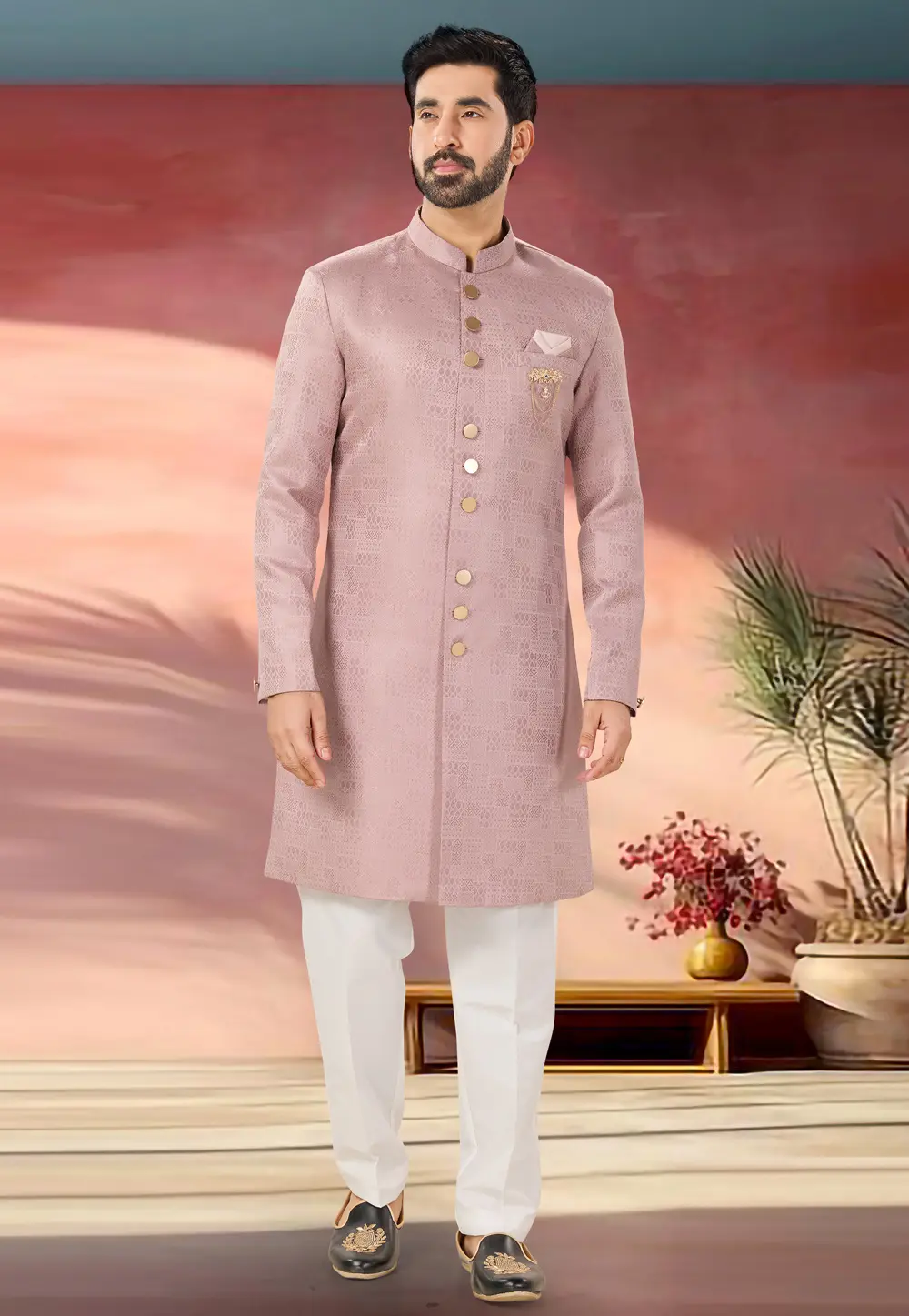 Pink Jacquard Indo Western Suit 301873