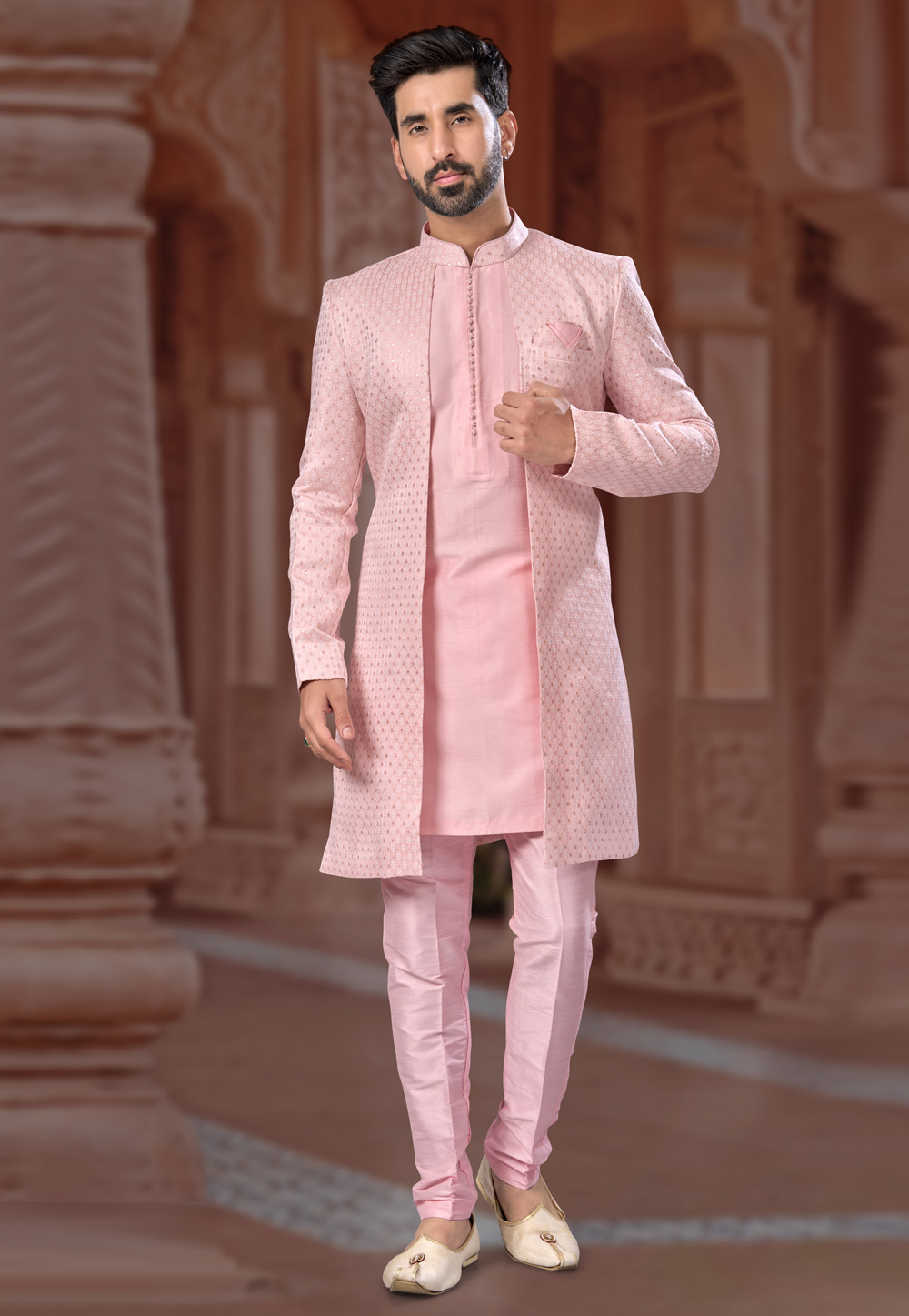 Pink Jacquard Jacket Style Sherwani 282240