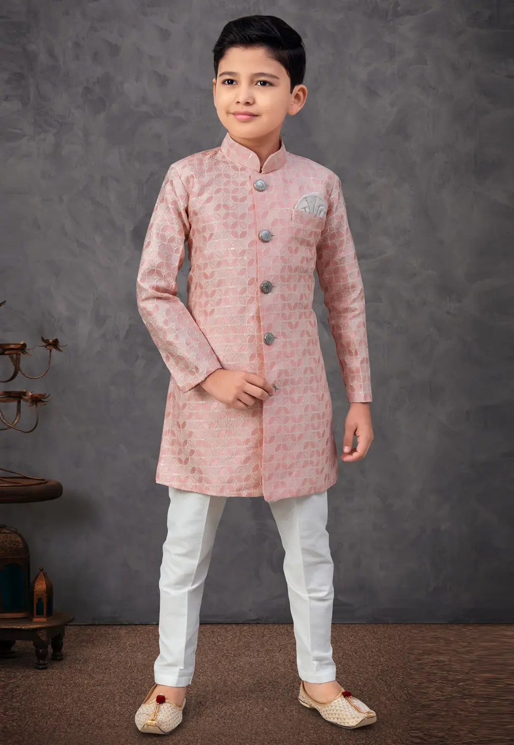 Pink Jacquard Kids Indo Western Sherwani 303784