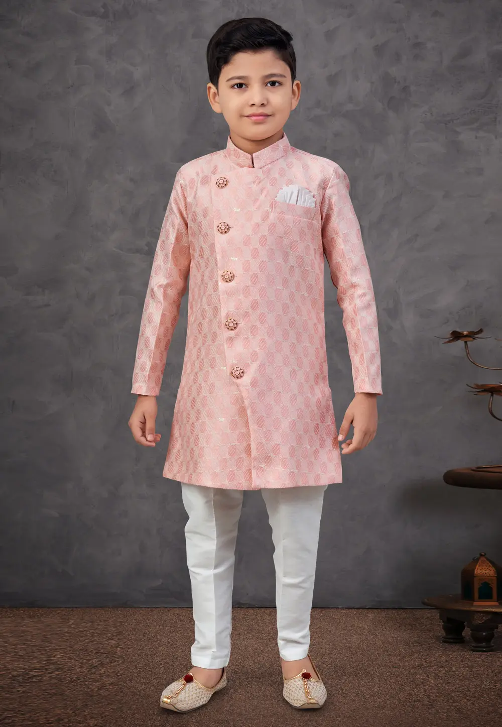 Pink Jacquard Kids Indo Western Sherwani 303786