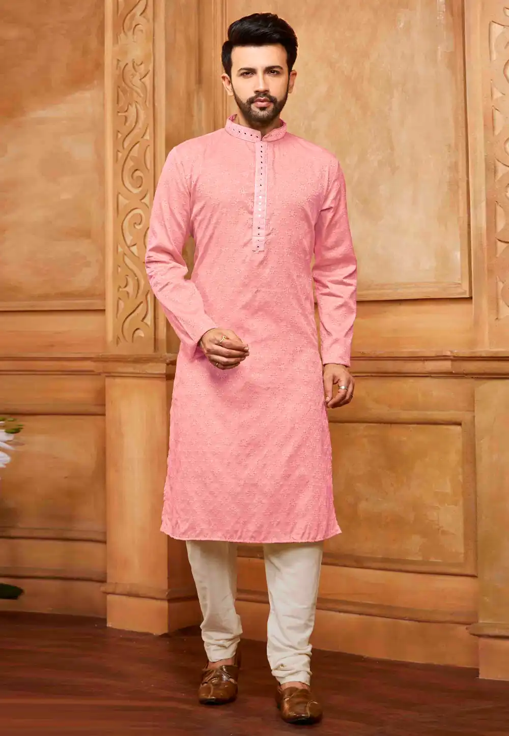 Pink Jacquard Kurta Pajama 288873