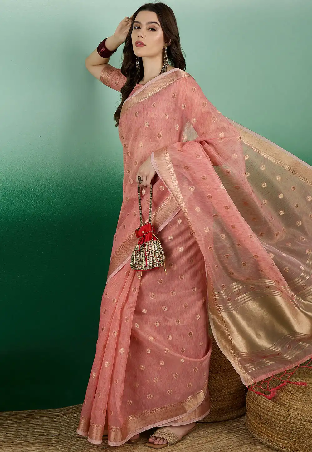 Pink Jacquard Saree With Blouse 290238