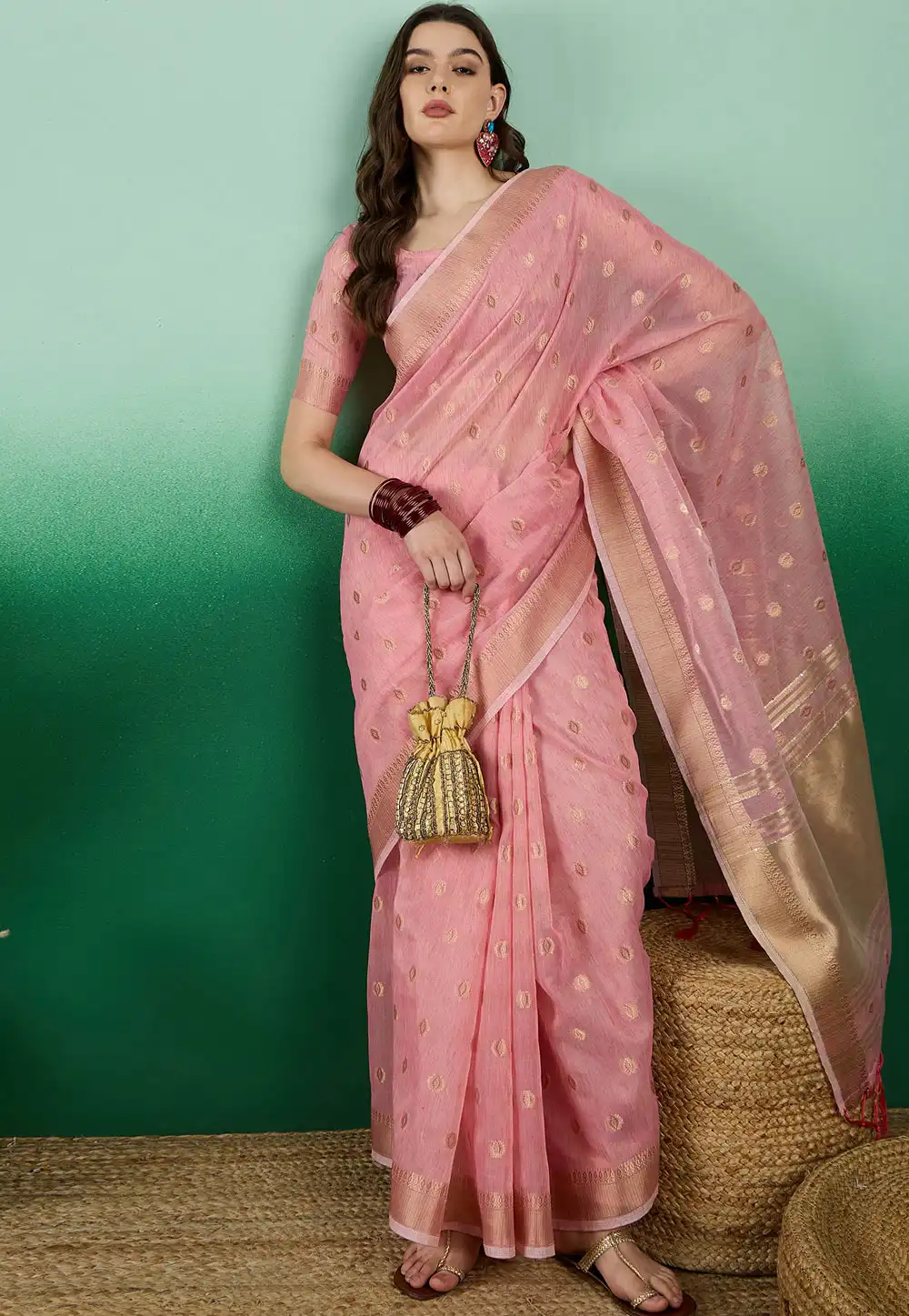 Pink Jacquard Saree With Blouse 290239