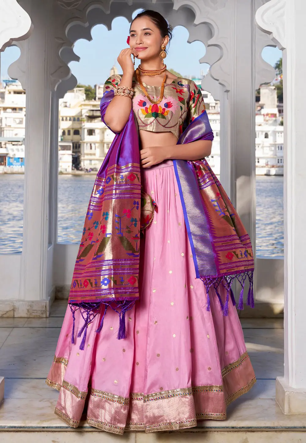 Pink Jacquard Silk Circular Lehenga Choli 303674