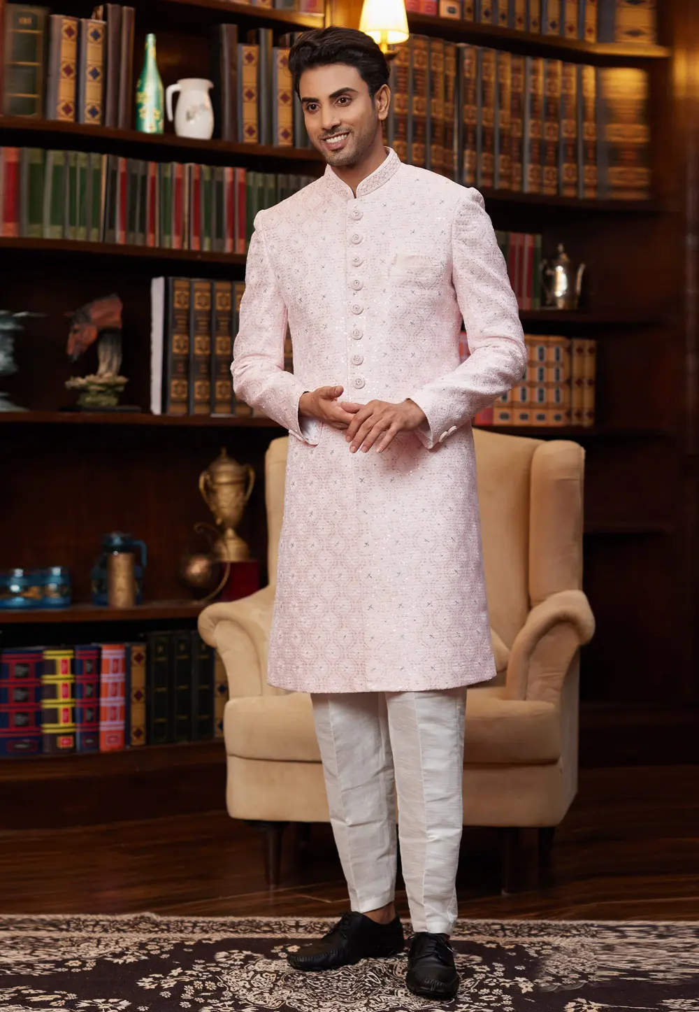 Pink Jacquard Silk Indo Western Sherwani 302220