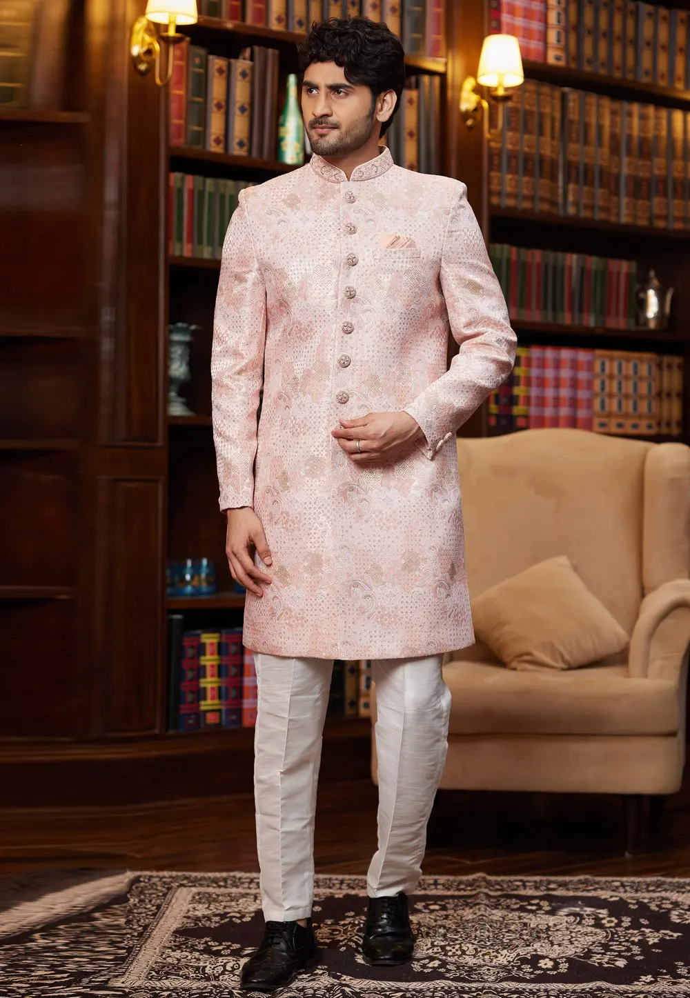 Pink Jacquard Silk Indo Western Sherwani 302228