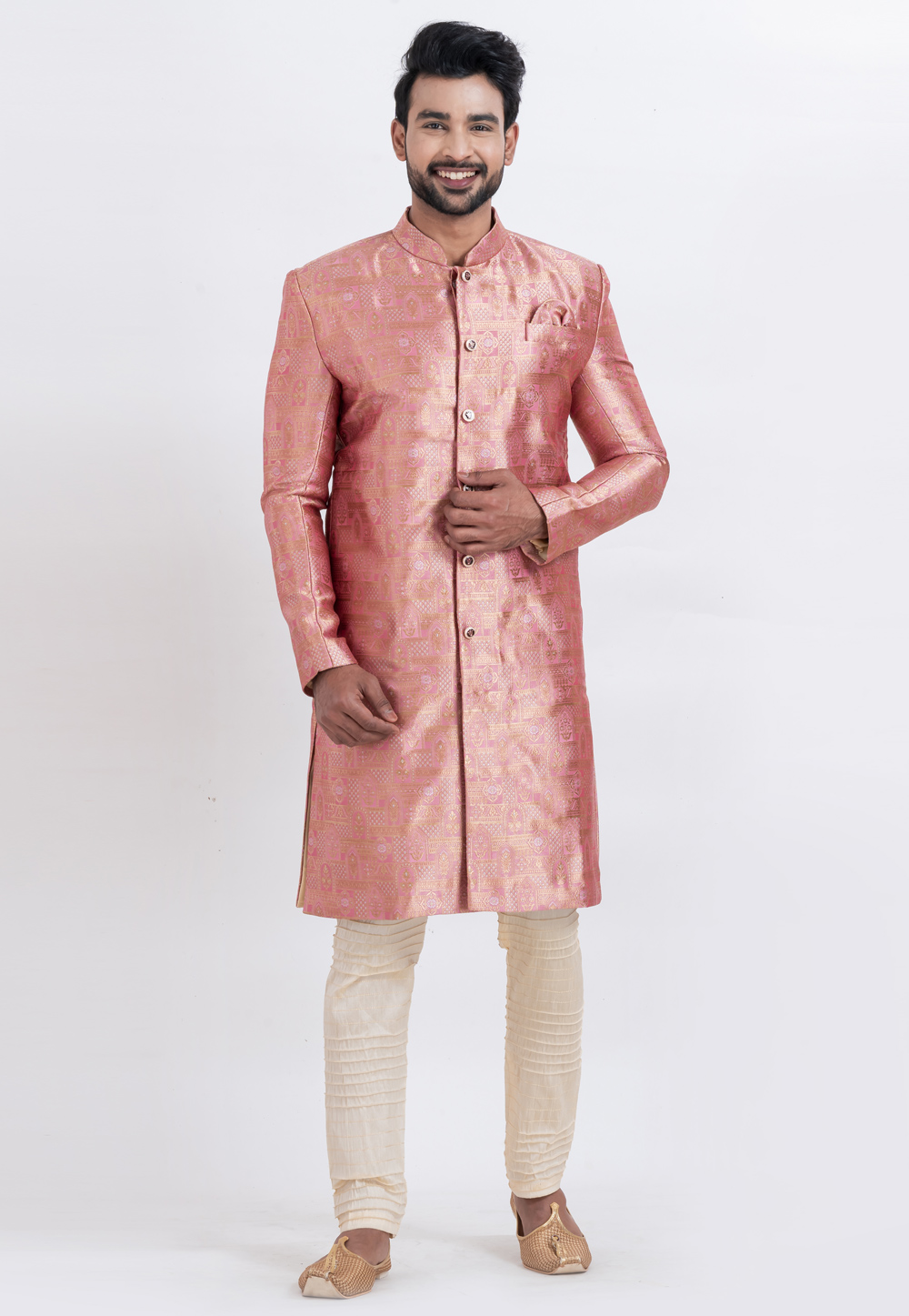 Pink Jacquard Silk Indo Western Suit 310268