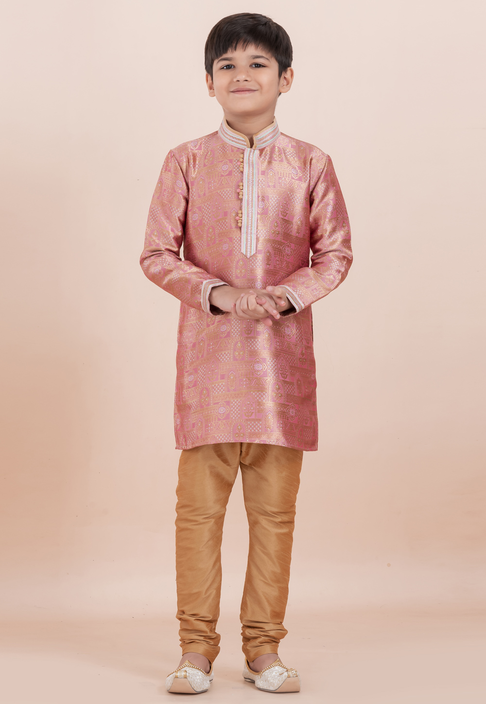 Pink Jacquard Silk Kids Kurta Pajama 305986