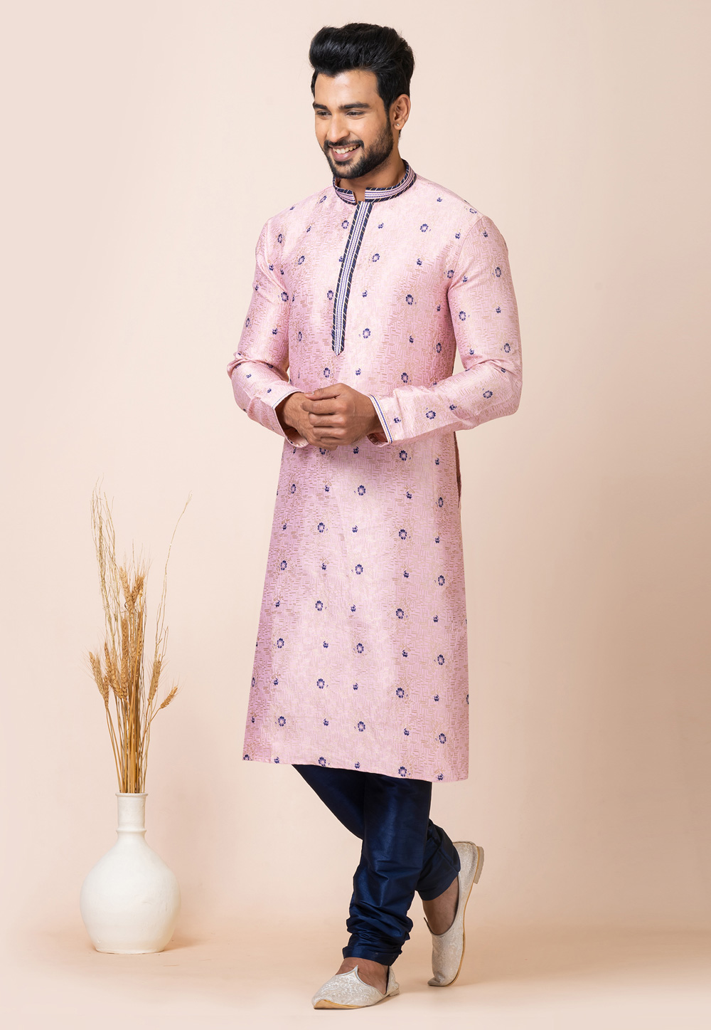 Pink Jacquard Silk Kurta Pajama 286251