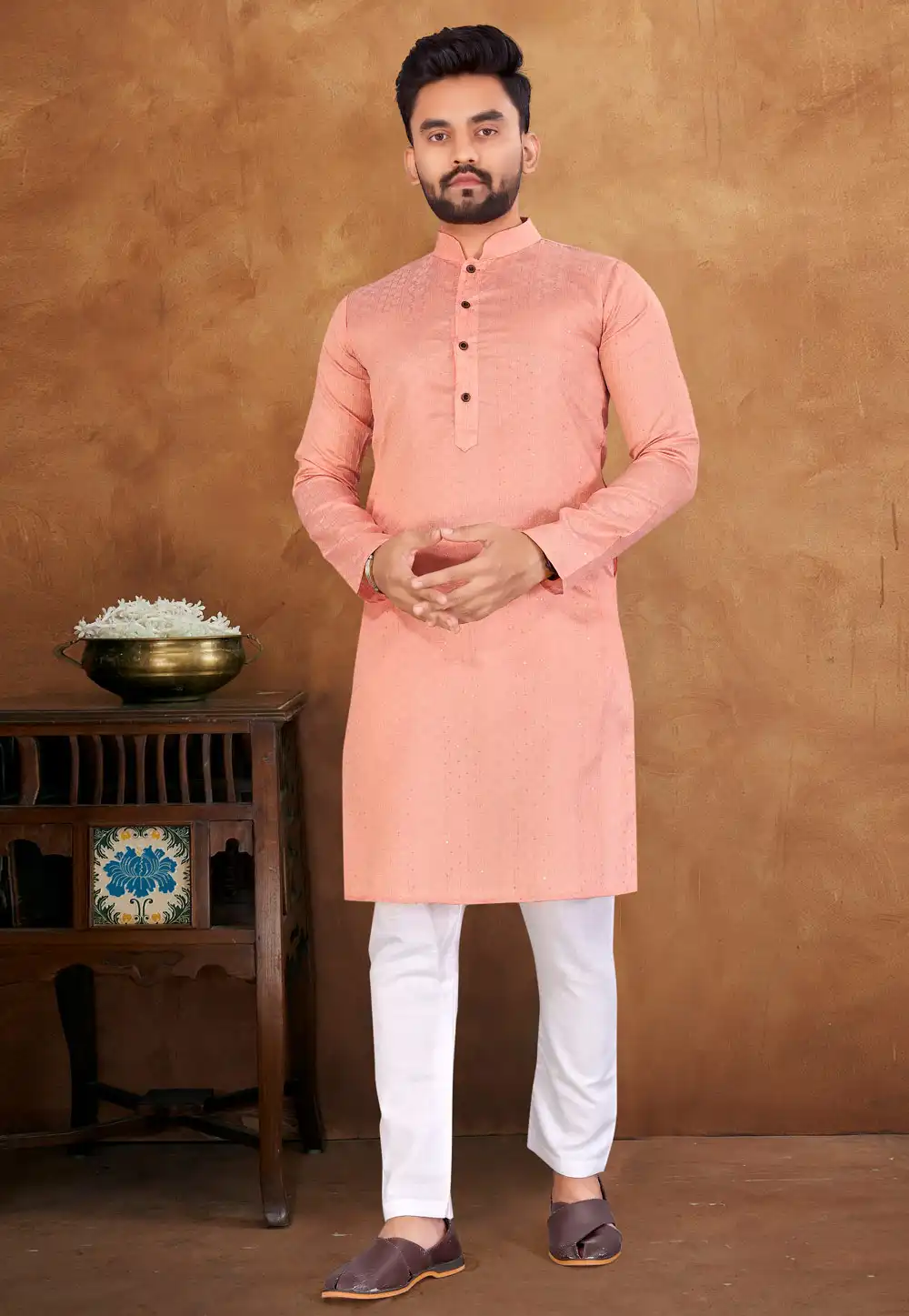 Pink Jacquard Silk Kurta Pajama 293425