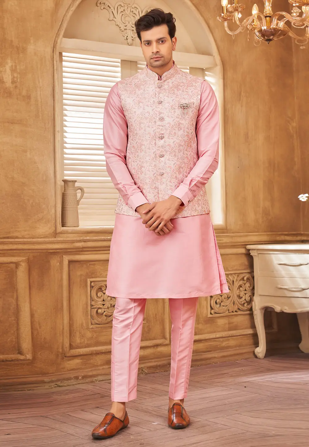 Pink Jacquard Silk Kurta Pajama With Jacket 296691