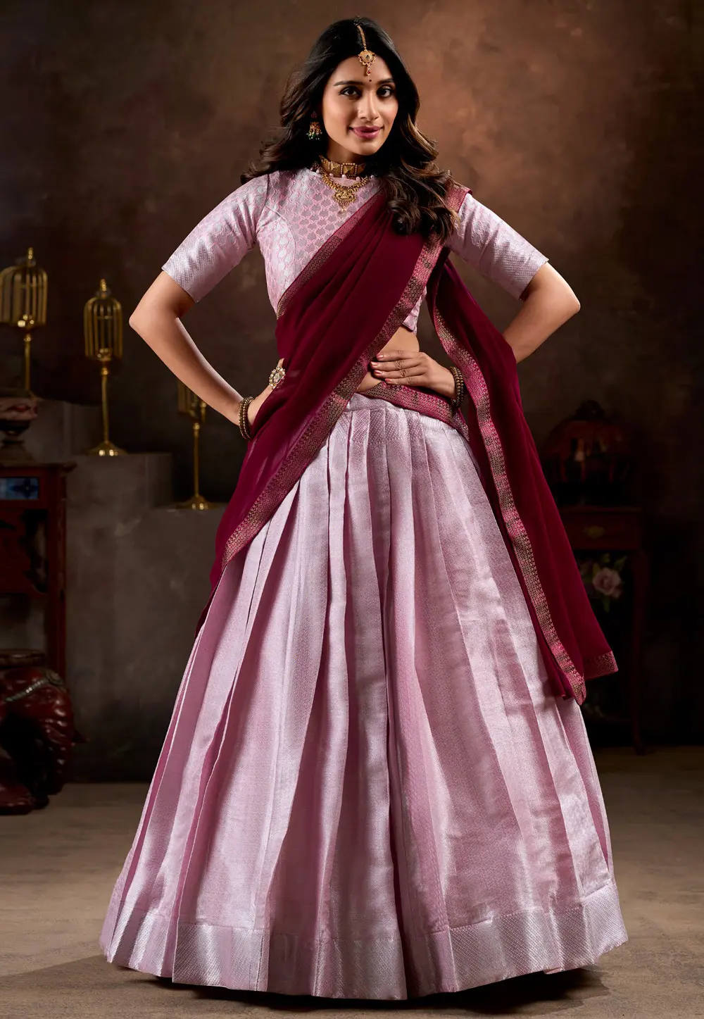 Pink Jacquard Silk Readymade Circular Lehenga Choli 301463