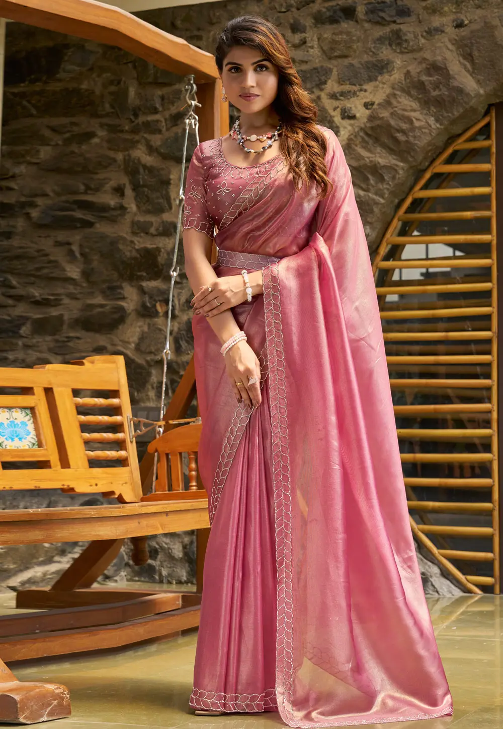 Pink Jute Silk Saree With Blouse 301410