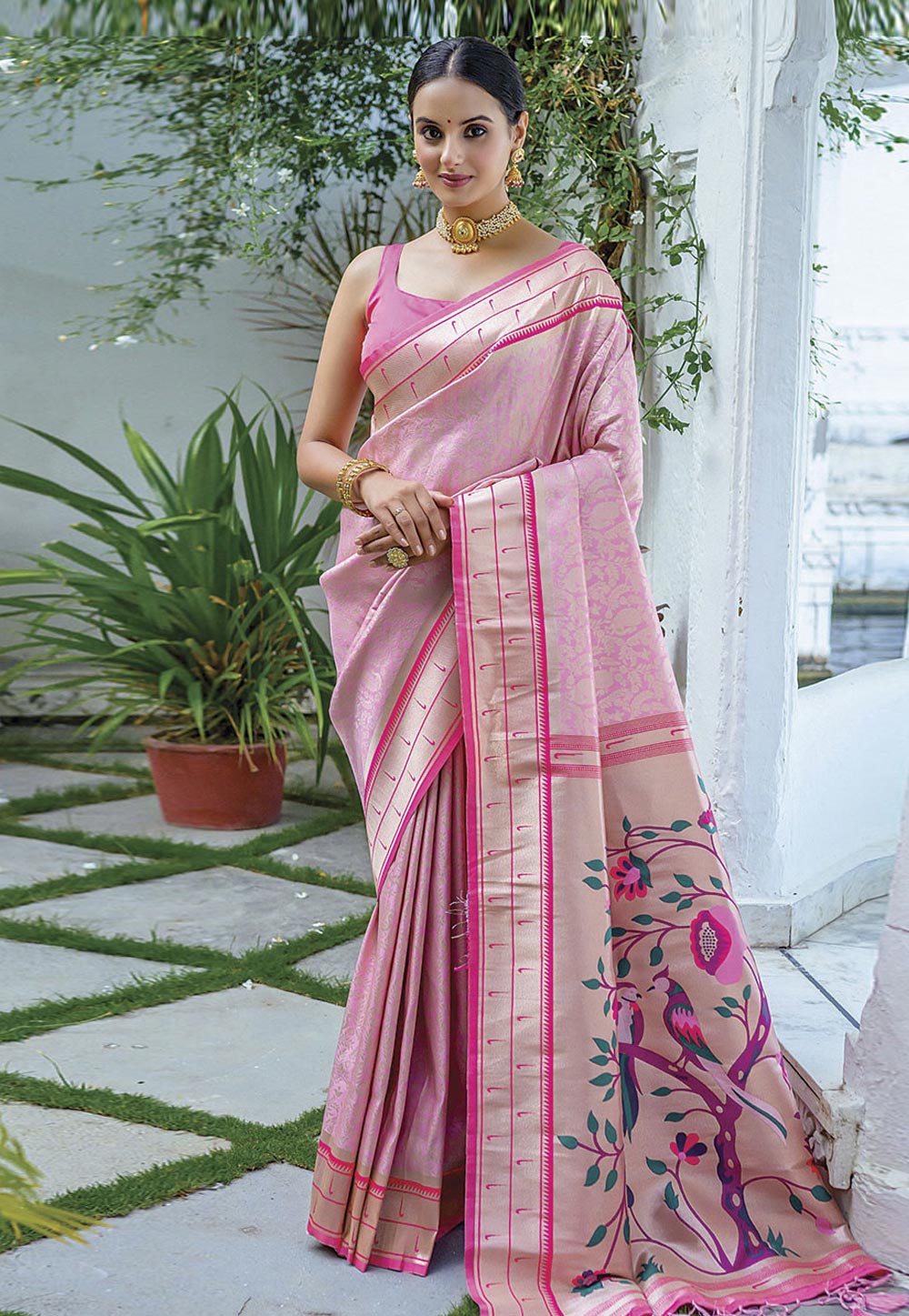 Pink Kanjivaram Silk Saree With Blouse 278989