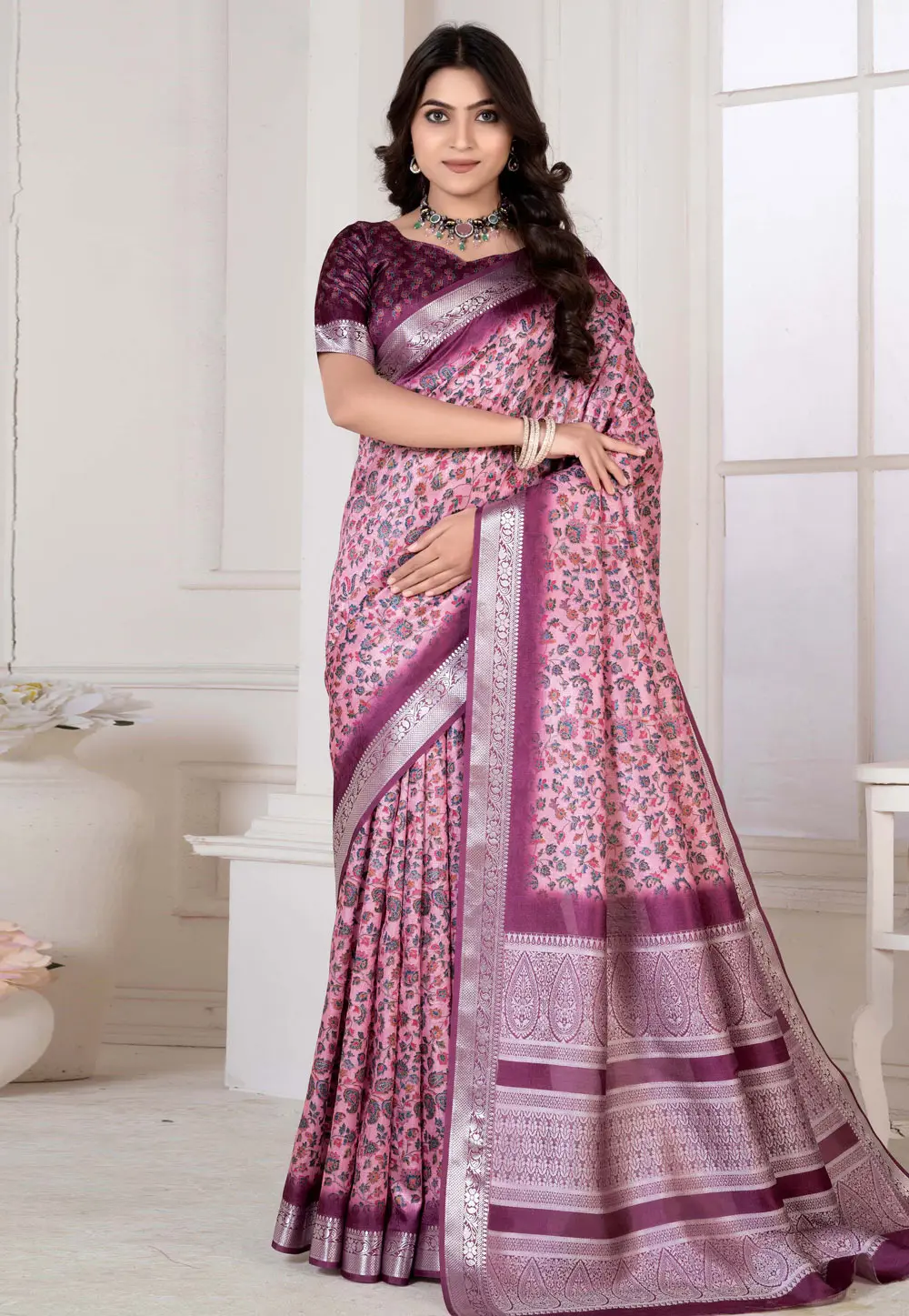 Pink Khadi Saree With Blouse 298854