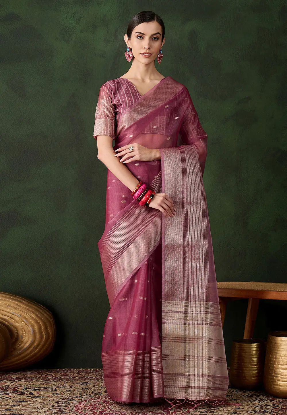 Pink Khadi Saree With Blouse 299214