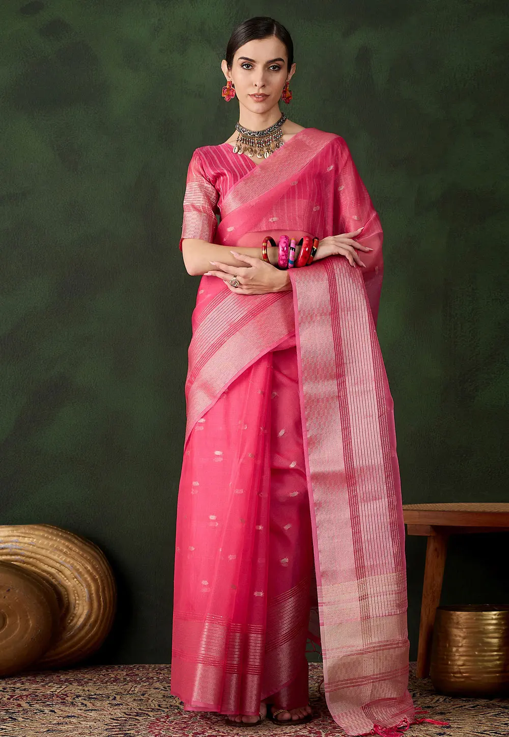 Pink Khadi Saree With Blouse 299216