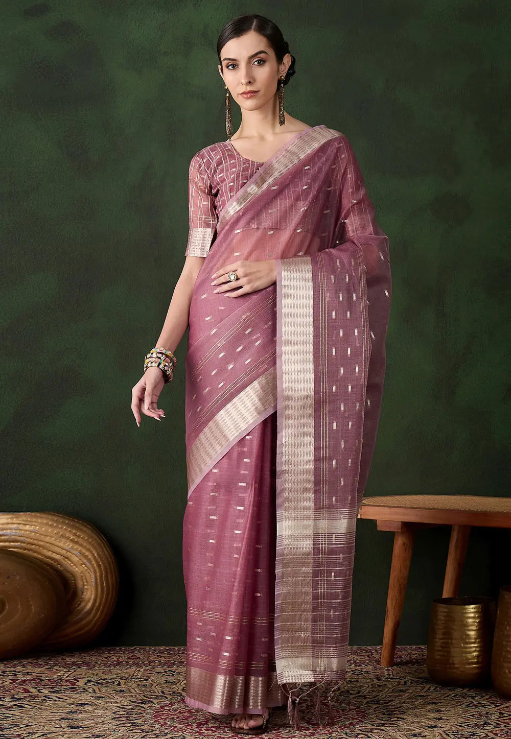 Pink Khadi Saree With Blouse 299389