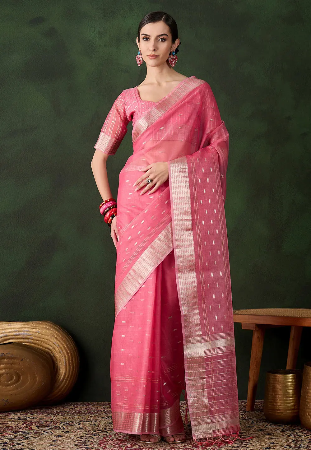 Pink Khadi Saree With Blouse 299391